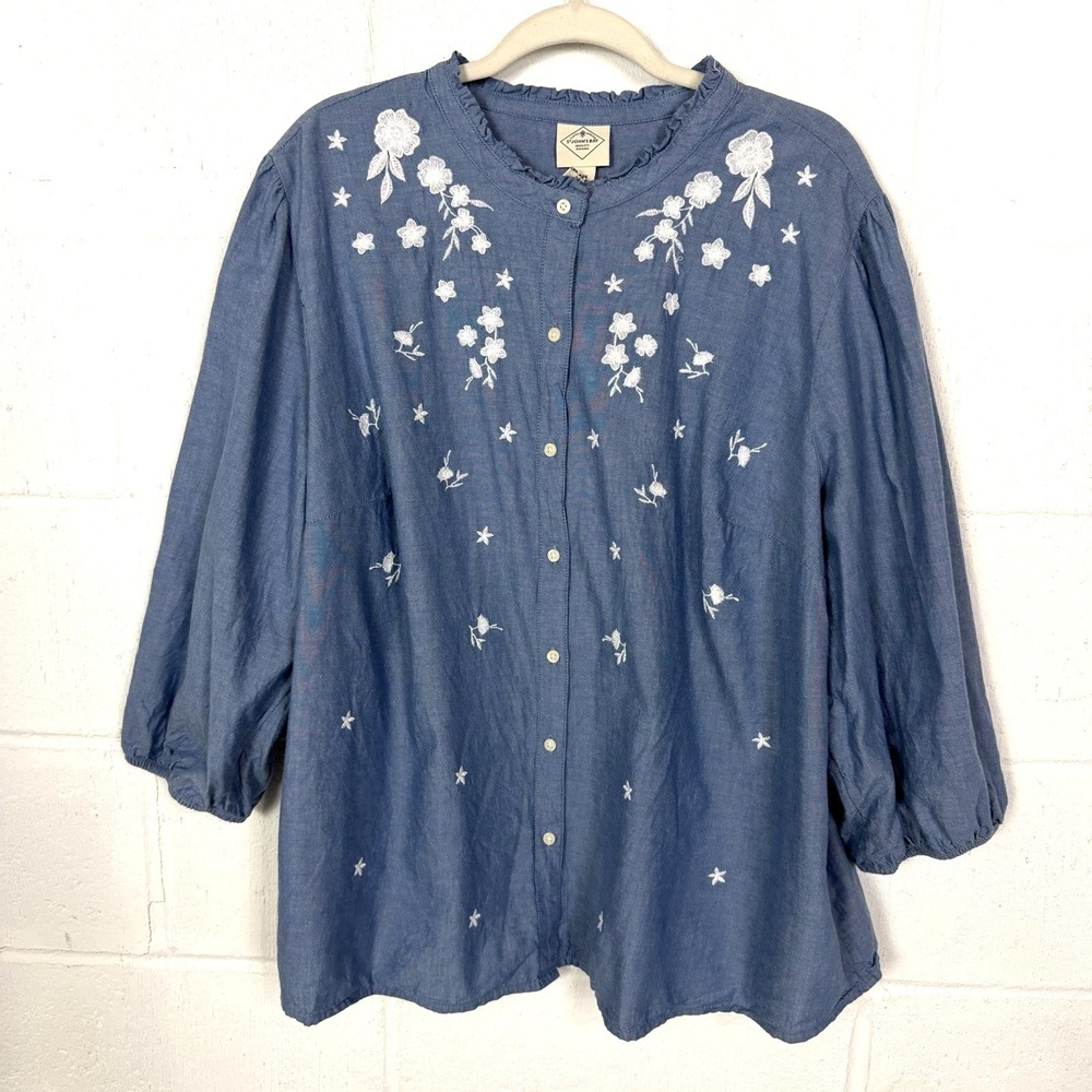 St John's Bay Button Up Peasant Top Floral Embroidered Chambray Cottage SZ 2X